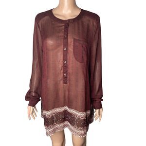 Knox Rose Blouse Womens XL Semi Sheer Burgundy Pullover Lightweight